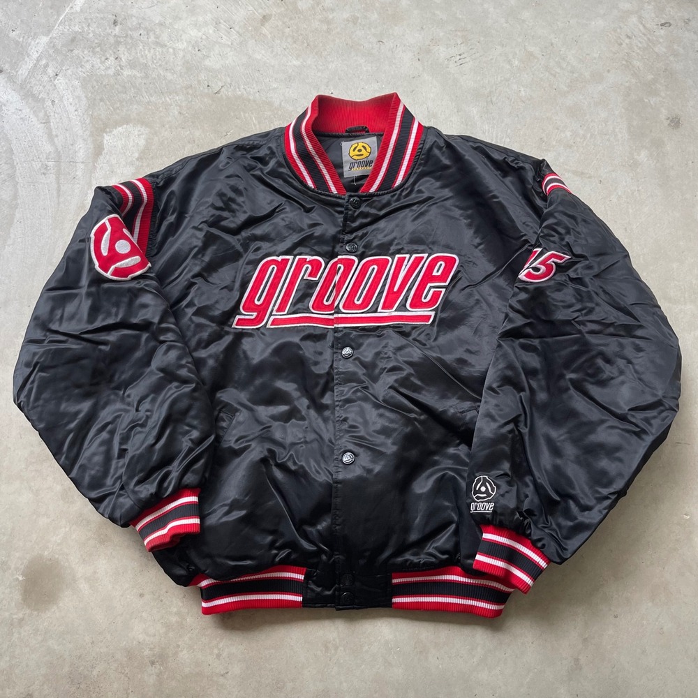 Vintage Groove Company Satin Bomber Jacket Black Red Varsity Streetwear XL